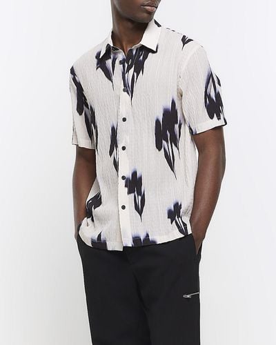 River Island Ecru Regular Fit Textured Abstract Shirt - Black
