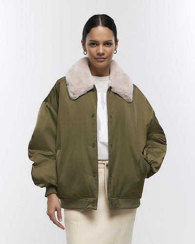 River Island Khaki Faux Fur Collar Bomber Jacket - Green