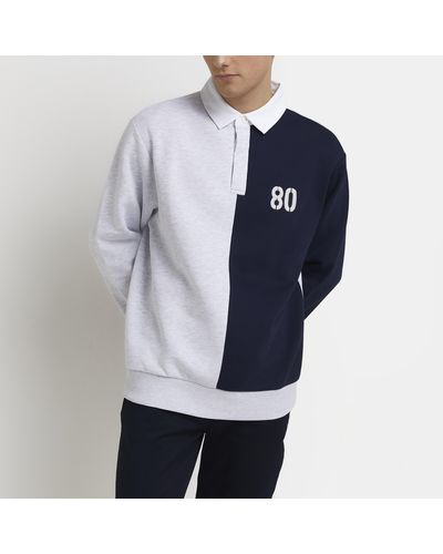 River Island Navy Slim Fit Colour Block Polo Sweatshirt - Blue