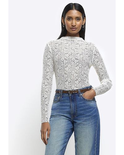 River Island Cream Lace Long Sleeve Top - White