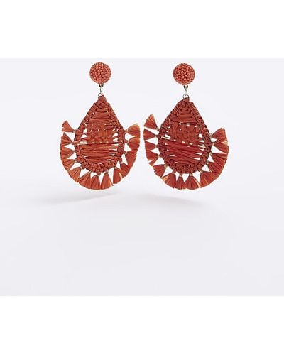 River Island Orange Raffia Tassel Drop Earrings - Red