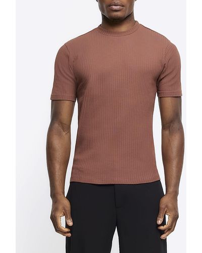 River Island Rust Muscle Fit Textured Rib T-shirt - Brown