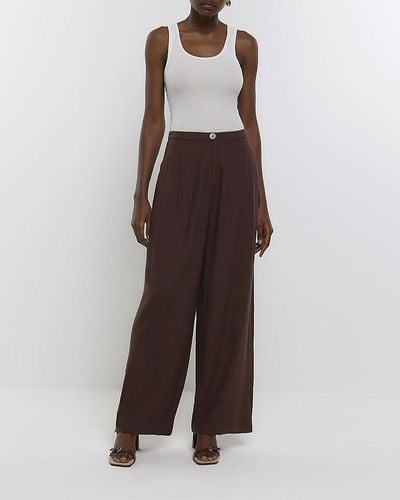 River Island Brown Pleated Wide Leg Trousers With Linen