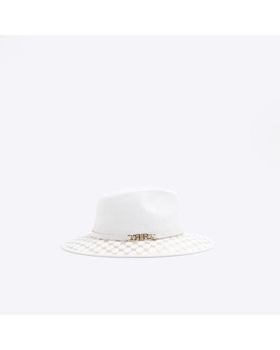 River Island White Monogram Straw Fedora Hat
