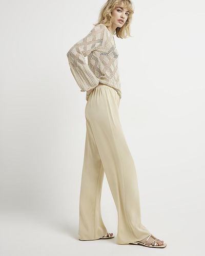 River Island Satin Pull On Elasticated Trousers - Natural