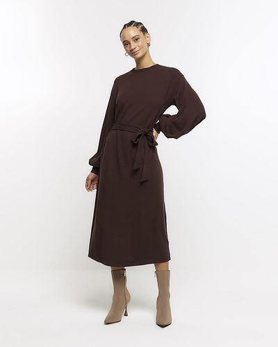 River Island Tie Waist Sweatshirt Midi Dress - Brown