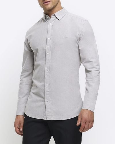 River Island Gray Muscle Fit Oxford Smart Shirt