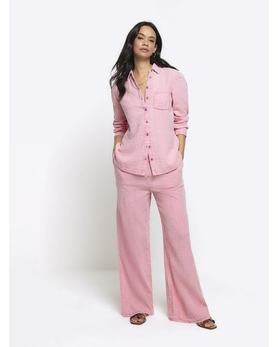 River Island Pink Textured Wide Leg Trousers