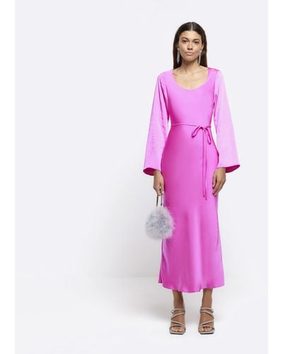 River Island Pink Satin Belted Slip Midi Dress