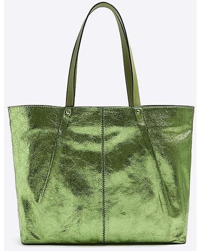 River Island Green Metallic Leather Tote Bag