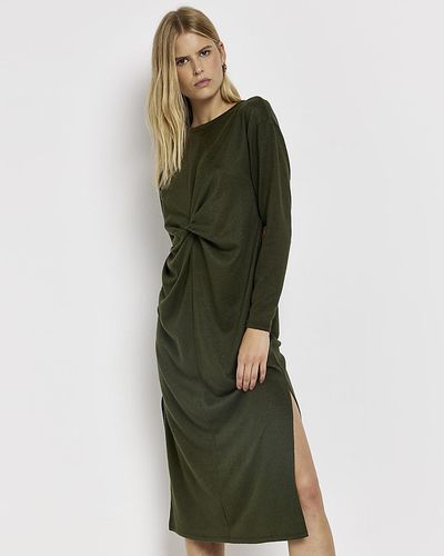 River Island Khaki Long Sleeve Twist Front Midi Dress - Green