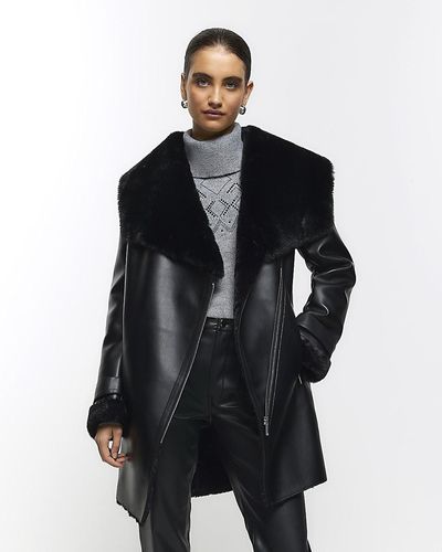 River Island Black Faux Leather Shearling Jacket