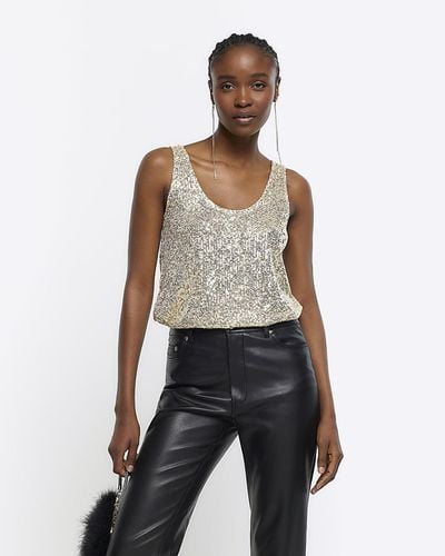 River Island Gold Sequin Tank Top - Yellow