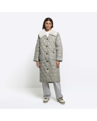 River Island Faux Fur Collar Quilted Jacket - Grey