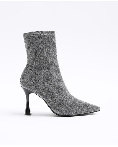 River Island Silver Wide Fit Glitter Heeled Ankle Boots - Gray