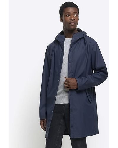 River Island Navy Regular Fit Hooded Rain Coat - Blue