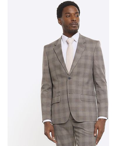 River Island Slim Fit Check Suit Jacket - Grey