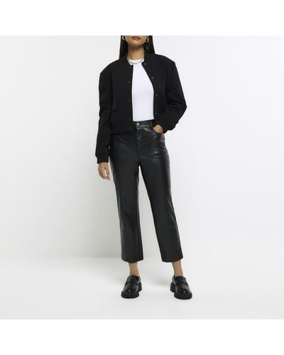 River Island Black Faux Leather Straight Crop Trousers
