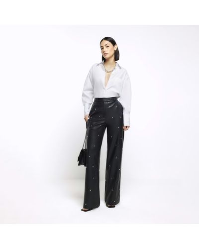 River Island Black Faux Leather Pearl Detail Trousers - White