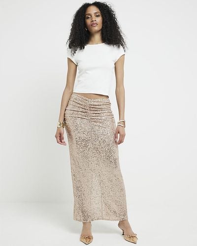 River Island Rose Ruched Sequin Maxi Skirt - Natural