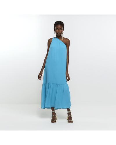 River Island Blue Chiffon One Shoulder Smock Maxi Dress