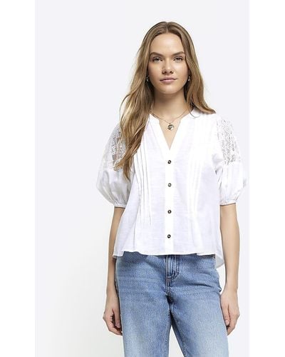 River Island White Lace Panel Puff Sleeve Blouse