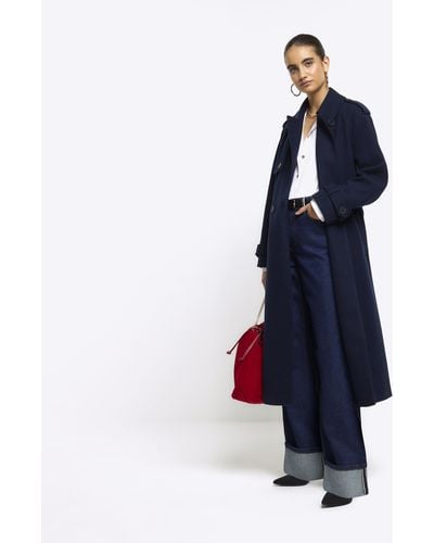 River Island Navy Belted Longline Trench Coat - Blue