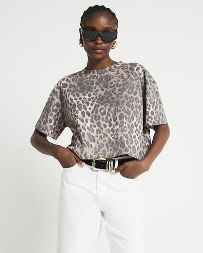 River Island Cropped Leopard Print T-shirt - Grey