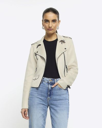 River Island Stone Suedette Crop Biker Jacket - Blue