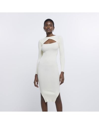 River Island Cream Knit Cut Out Bodycon Midi Dress - White