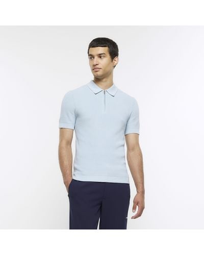 River Island Blue Muscle Fit Knitted Rib Polo Shirt - White