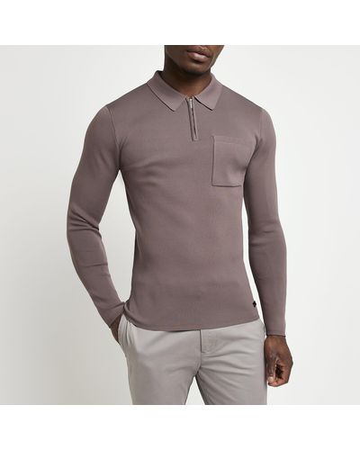 River Island Long Sleeve Zip Polo Shirt - Brown
