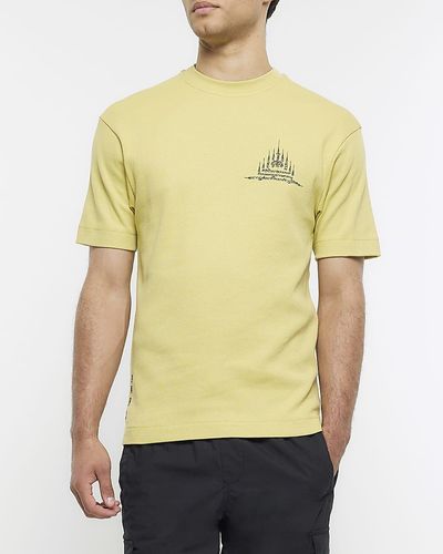 River Island Yellow Regular Fit Textured Graphic T-shirt