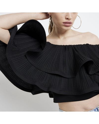 River Island Black Plisse Frill Bardot Top