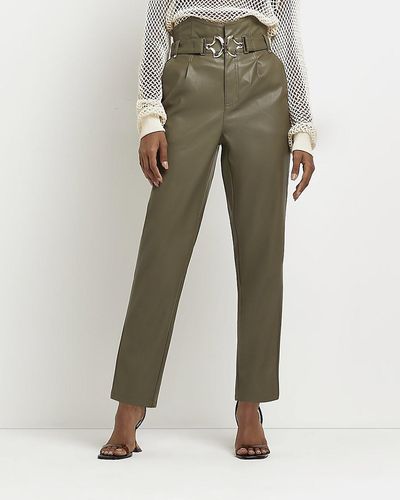 River Island Khaki Belted Paperbag Straight Leg Trousers - Green