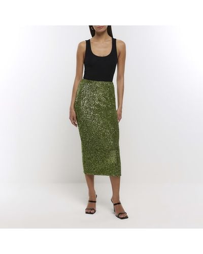 River Island Green Sequin Midi Skirt