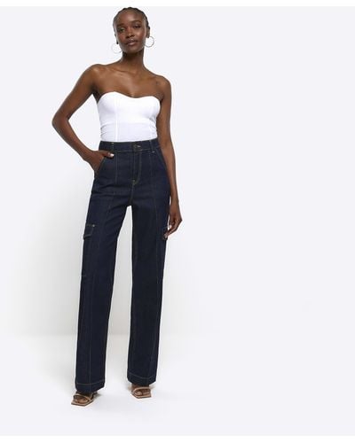 River Island Blue High Waist Relaxed Straight Cargo Jeans