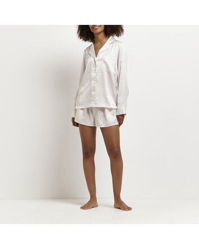 River Island Cream Jacquard Print Satin Pyjama Top - White
