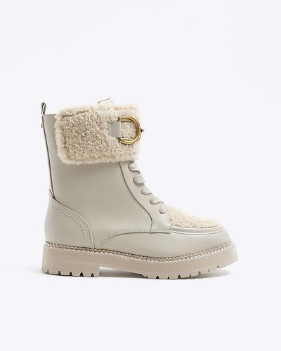 River Island Cream Borg Detail Lace Up Boots - White