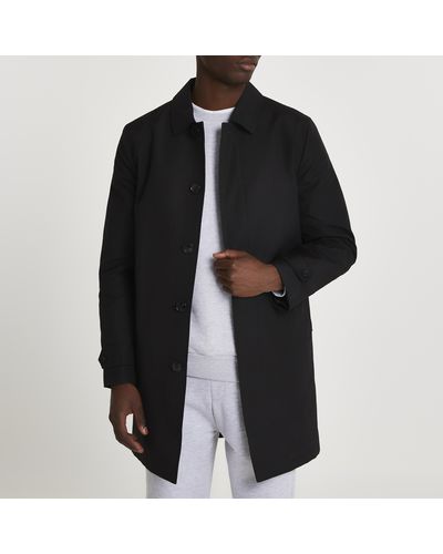 River Island Concealed Button Water Resistant Mac - Black