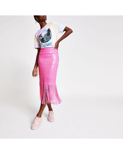 River Island Sequin Tassel Pencil Skirt - Pink