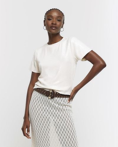 River Island White Sequin Cropped T-shirt