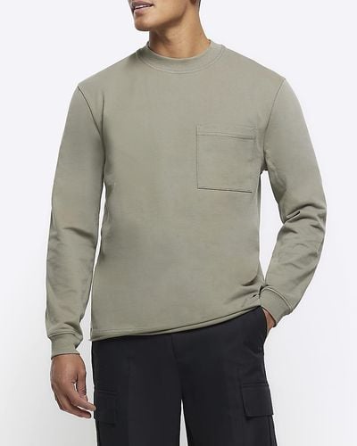 River Island Khaki Regular Fit Long Sleeve Pocket T-shirt - Gray