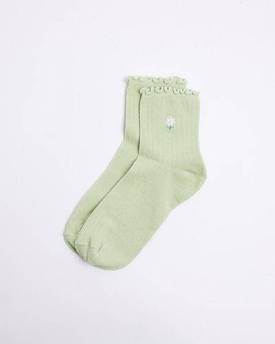 River Island Green Embroidered Flower Ankle Socks - White
