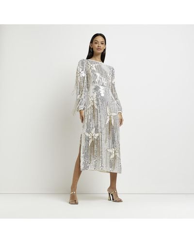 River Island Floral Sequin Long Sleeve Midi Dress - White