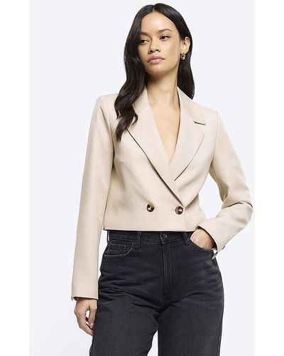 River Island Beige Double Breasted Crop Blazer - Natural