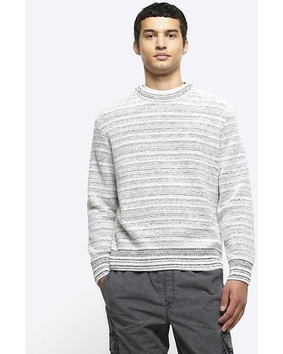 River Island Gray Slim Fit Striped Crew Sweater - White
