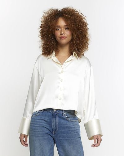 River Island Cream Satin Crop Long Sleeve Shirt - White