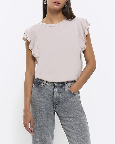 River Island Frill Sleeve T-shirt - Gray