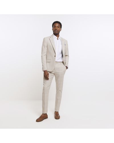 River Island Beige Slim Fit Check Suit Trousers - White